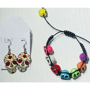 Beaded Sugar Skulls Bracelet Earrings Set Women's Jewelry
